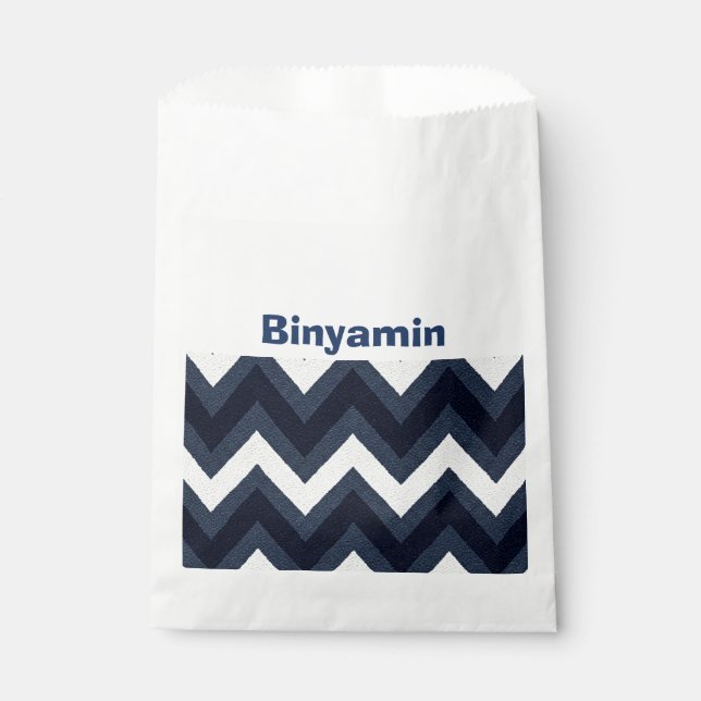 Navy zigzag upsherin favour bag with name (Front)