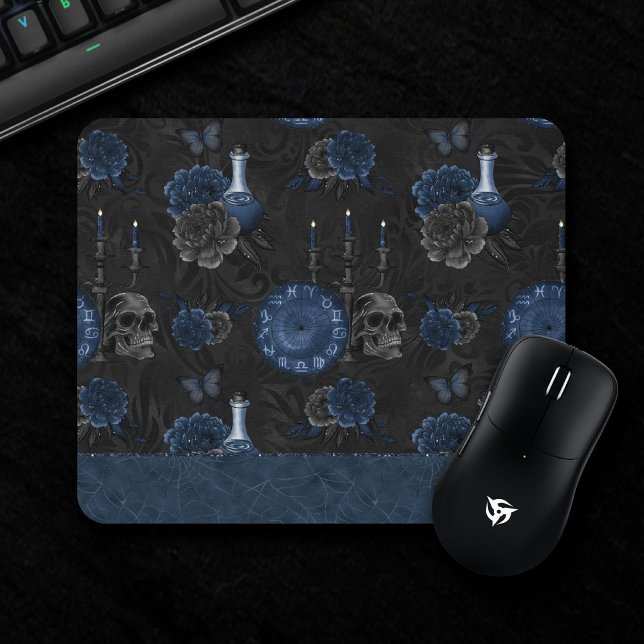 Navy Zodiac Magic | Dark Blue Gothic Skull Roses Mouse Pad (Creator Uploaded)