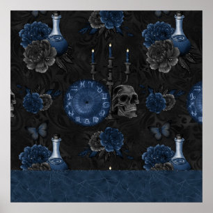 Navy Zodiac Magic   Dark Blue Gothic Skull Roses Poster