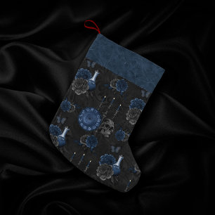 Navy Zodiac Magic   Dark Blue Gothic Skull Roses Small Christmas Stocking