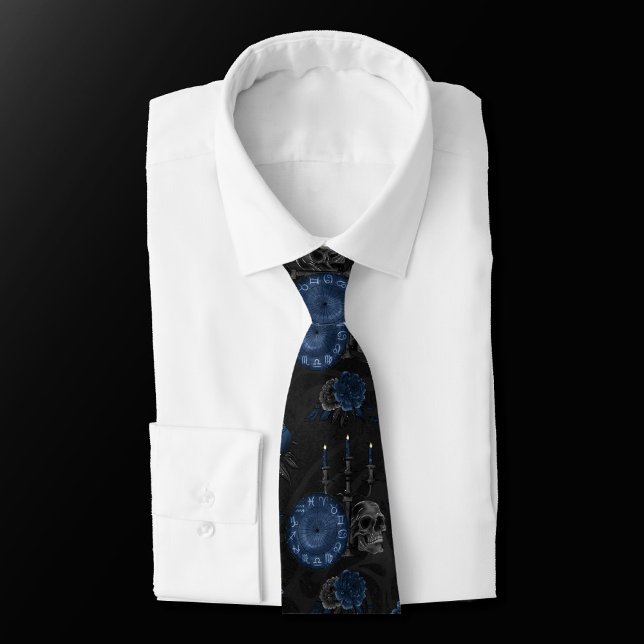 Navy Zodiac Magic | Dark Blue Gothic Skull Roses Tie (Creator Uploaded)