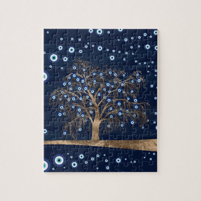 Nazar Charm Tree - Gold on Dark Blue Jigsaw Puzzle (Vertical)
