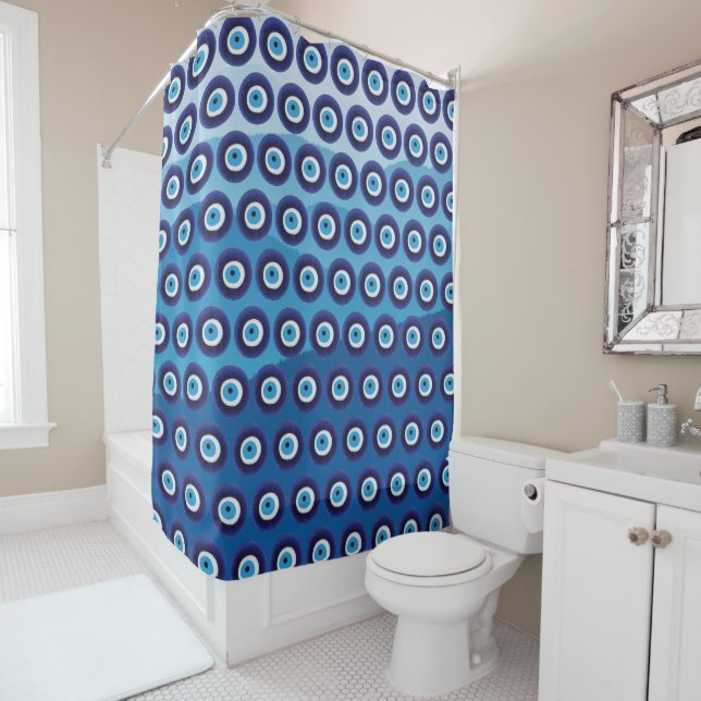 Nazar Evil Eye Protection Amulet Blue Landscape Shower Curtain (In Situ)