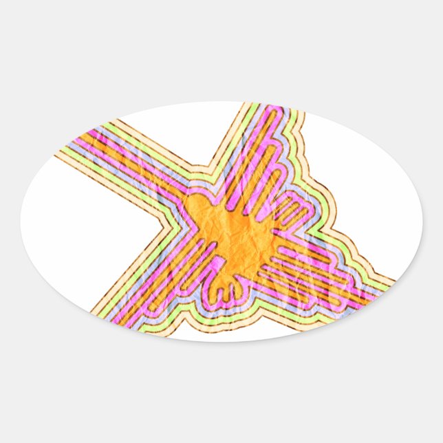 Nazca Lines Hummingbird With Wrinkled Paper Effect Oval Sticker (Front)