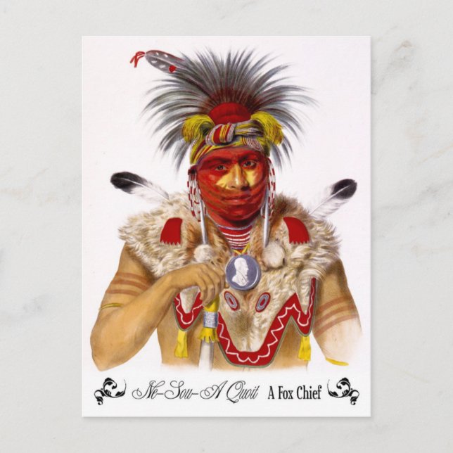 Ne-Sou-A Quoit, a Fox Chief with headdress Postcard (Front)