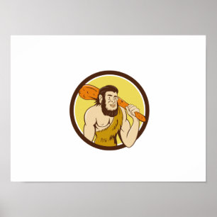 Neanderthal Man Holding Club Circle Cartoon Poster