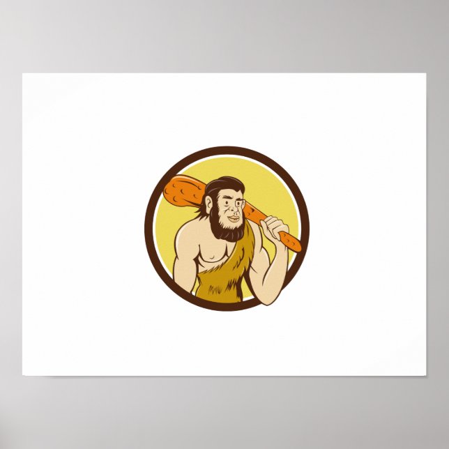 Neanderthal Man Holding Club Circle Cartoon Poster (Front)