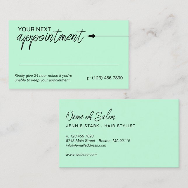 Neat Arrow Black Mint Minimal Next Appointment Card (Front/Back)