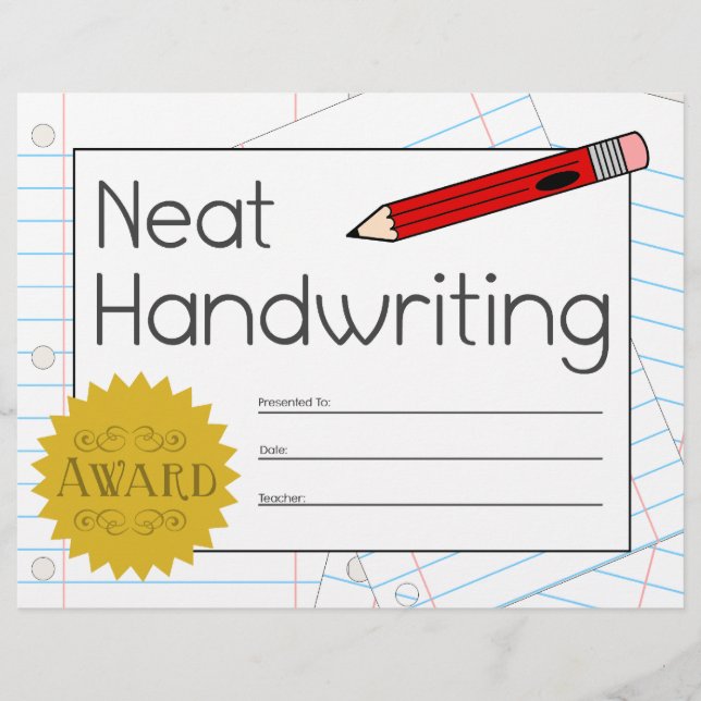 Neat Handwriting Award Certificate - Red Pencil (Front)