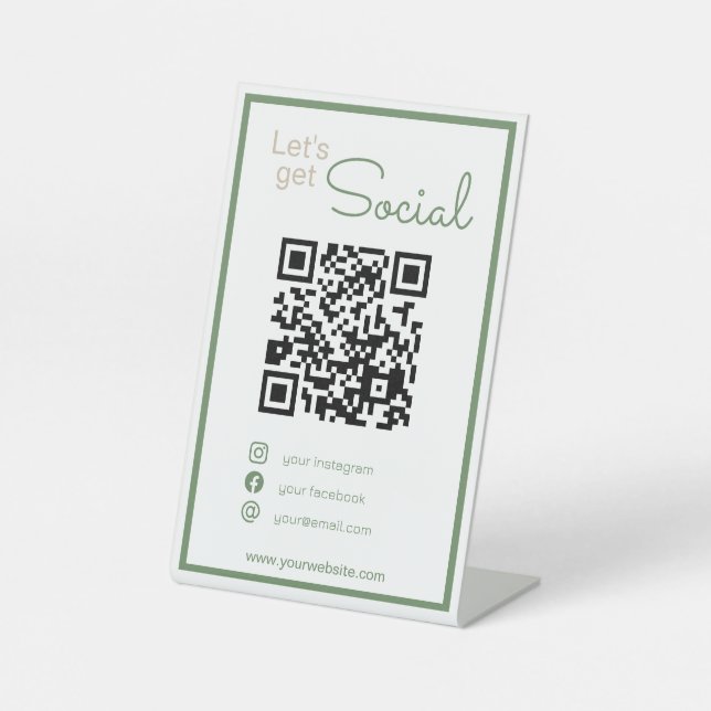 Neatral sage green QR code scan me social media Pedestal Sign (Front)