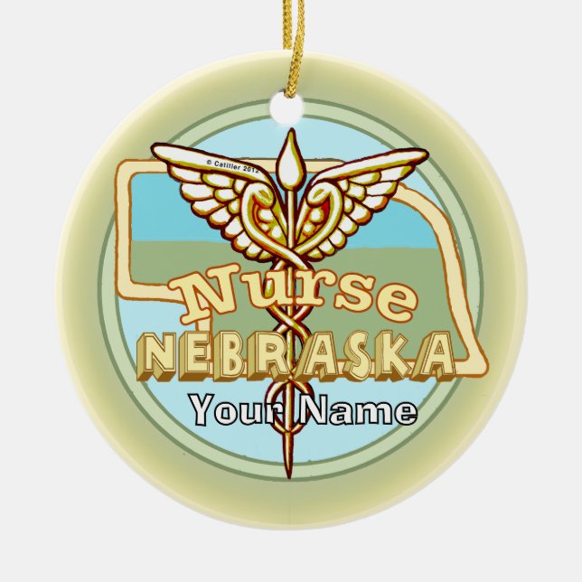 Nebraska Nurse Caduceus Ceramic Tree Decoration (Front)