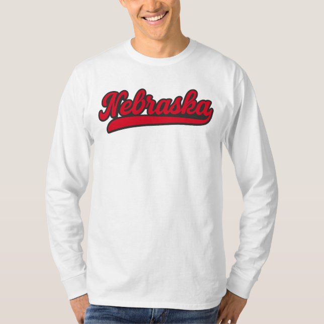 Nebraska Script Logo | Retro Red State Pride T-Shirt (Front)