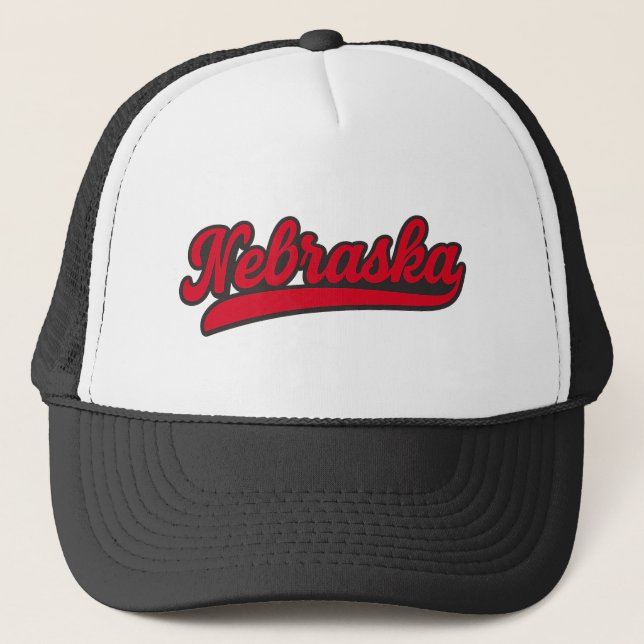 Nebraska Script Logo | Retro Red State Pride Trucker Hat (Front)