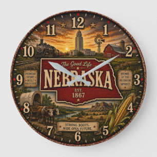 Nebraska State Good Life Farmhouse PrairieRustic Large Clock