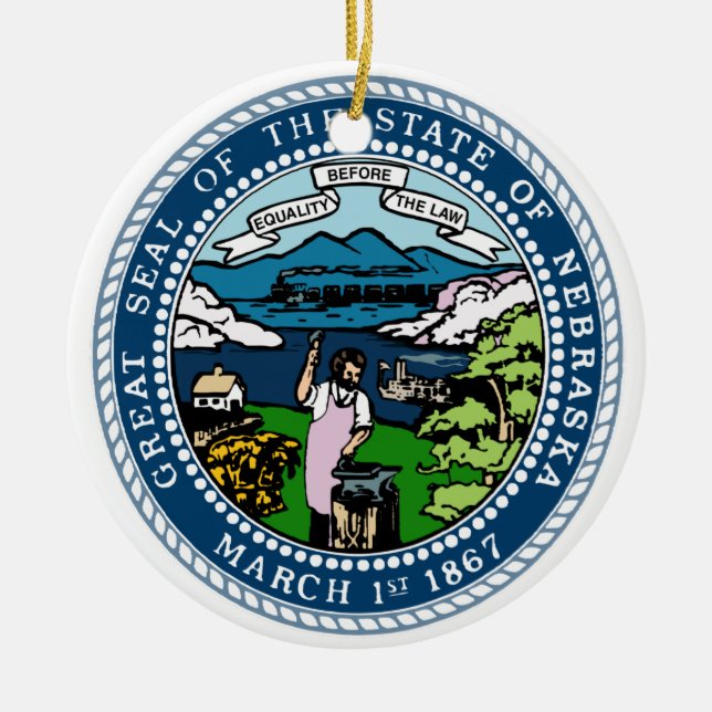 Nebraska State Seal Ceramic Tree Decoration (Front)
