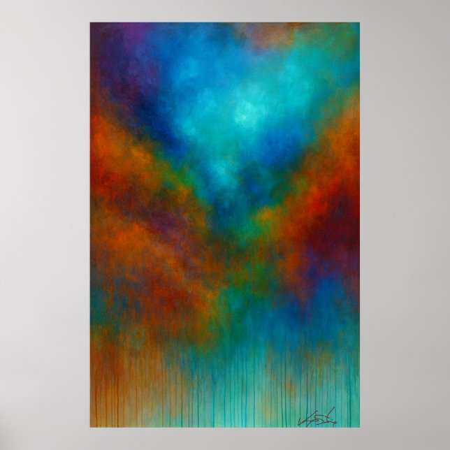 Nebula Cascade - Cyan and Crimson Abstract Drip Poster (Front)
