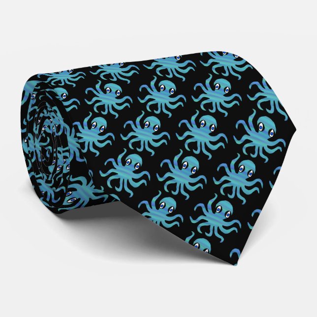 Neck Tie (black) - Blue Green Octopus (Rolled)