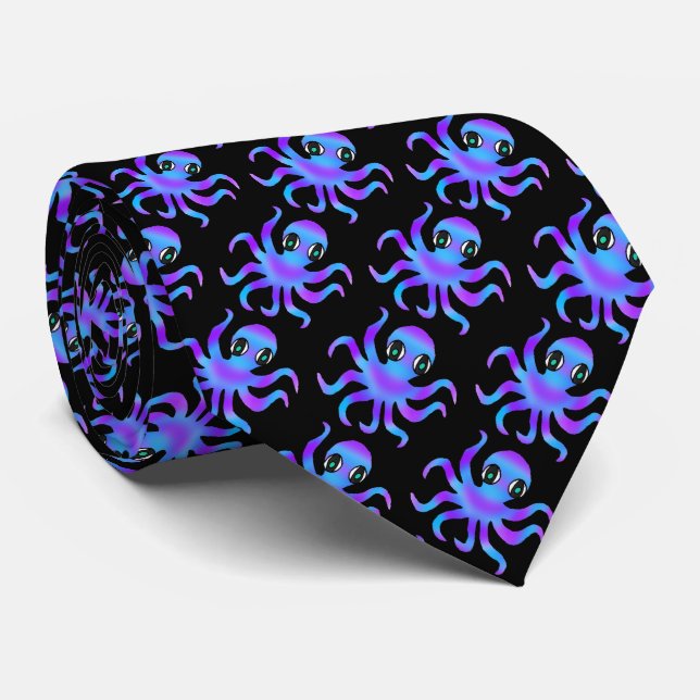 Neck Tie (black) - Blue Violet Octopus (Rolled)