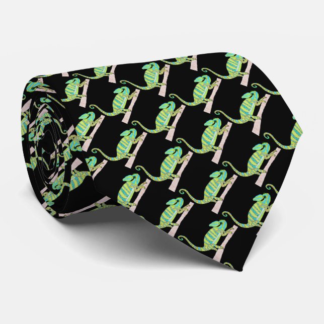 Neck Tie (black) - Green Chameleon (Rolled)