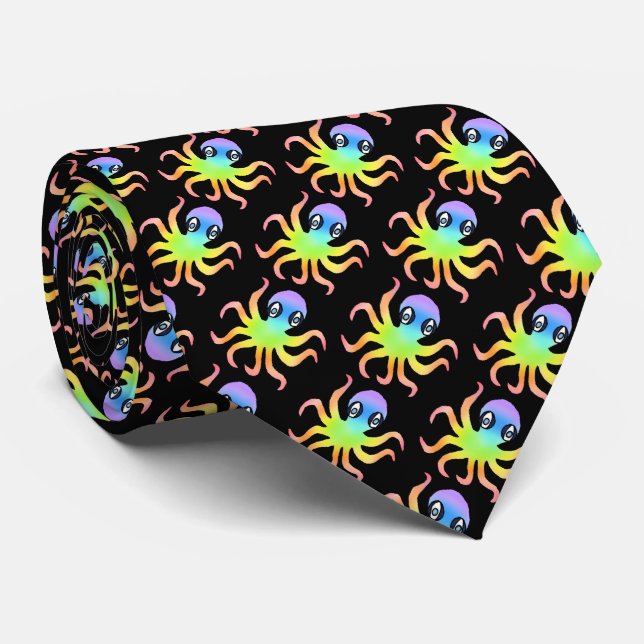 Neck Tie (black) - Rainbow Octopus (Rolled)