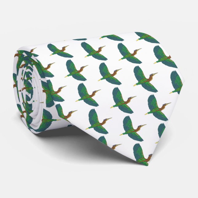 Neck Tie - Green Heron (white) (Rolled)