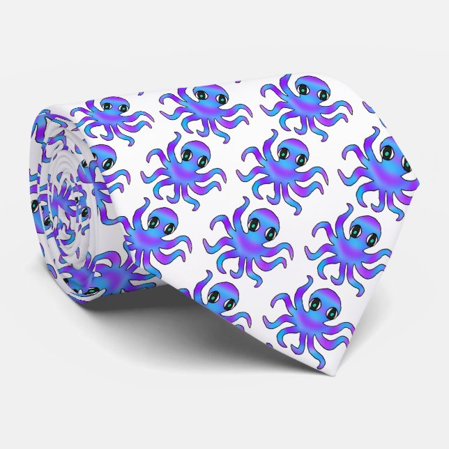 Neck Tie (white) - Blue Violet Octopus (Rolled)