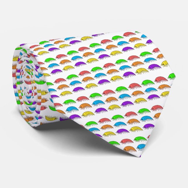 Neck Tie (white) - Rainbow Pill Bugs (Rolled)