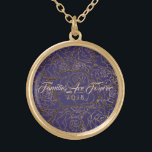 Necklace Purple & Golden Rose-Familes Are Forever<br><div class="desc">Necklace shown in Gold tone with a Golden Taupe multi-rose print over a Violet Purple background and text of "Families Are Forever 2018" in fancy script of Taupe. Customise this necklace with a special date or/and choose your style or change colours. Or buy as designed.</div>