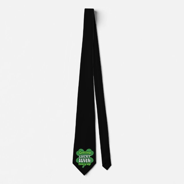 Necktie Getting Lucky Every Sip Shamrock Black Tie (Front)
