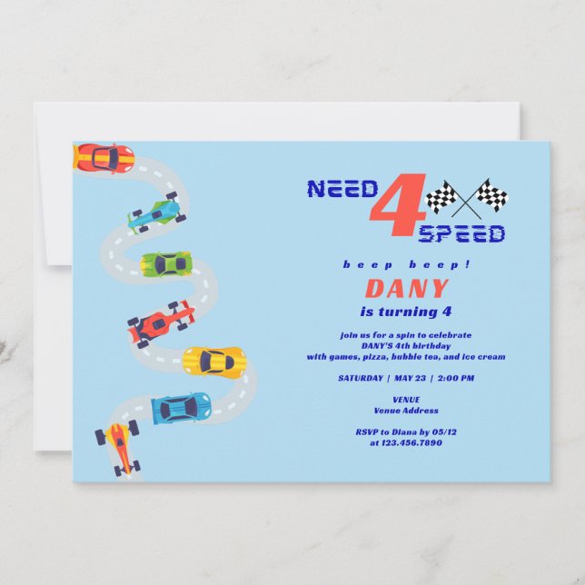 Need 4 Speed Motor Car Racing Boys Fourth Birthday Invitation (Front)