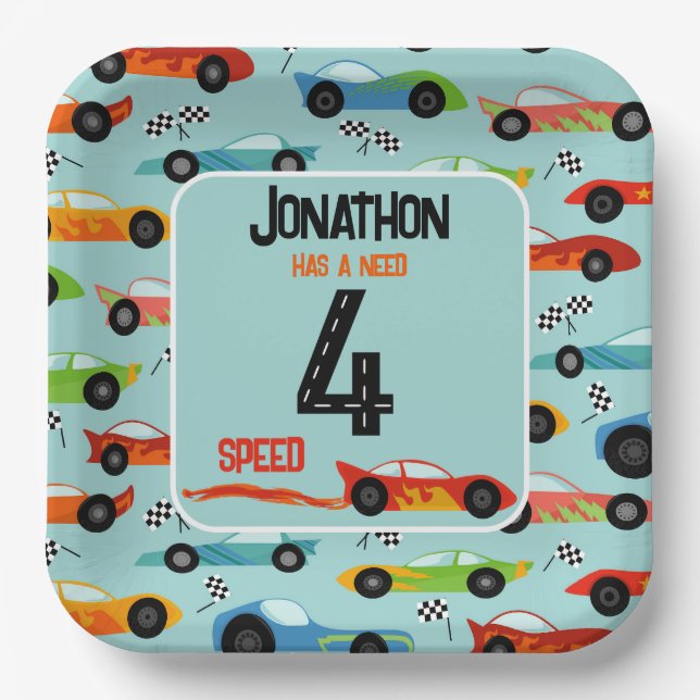 Need 4 speed racecar fourth birthday party paper plate (Front)