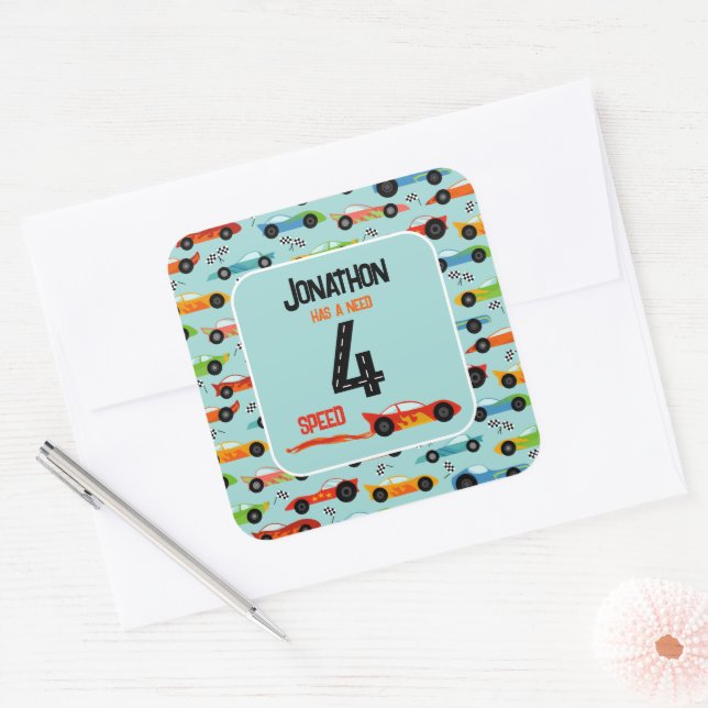 Need 4 speed racecar fourth birthday party square sticker (Envelope)