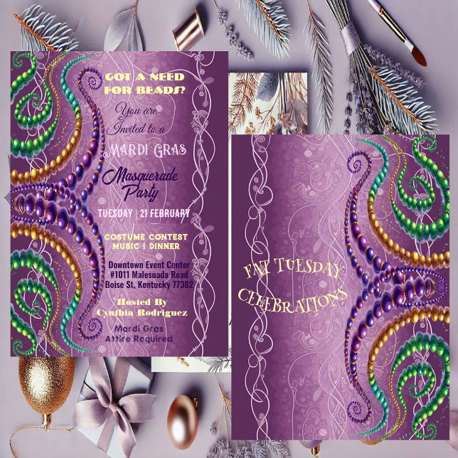 Need for Beads Mardi Gras Purple Masquerade Party  Invitation (Need for Beads Mardi Gras Purple Masquerade Party Invitation)