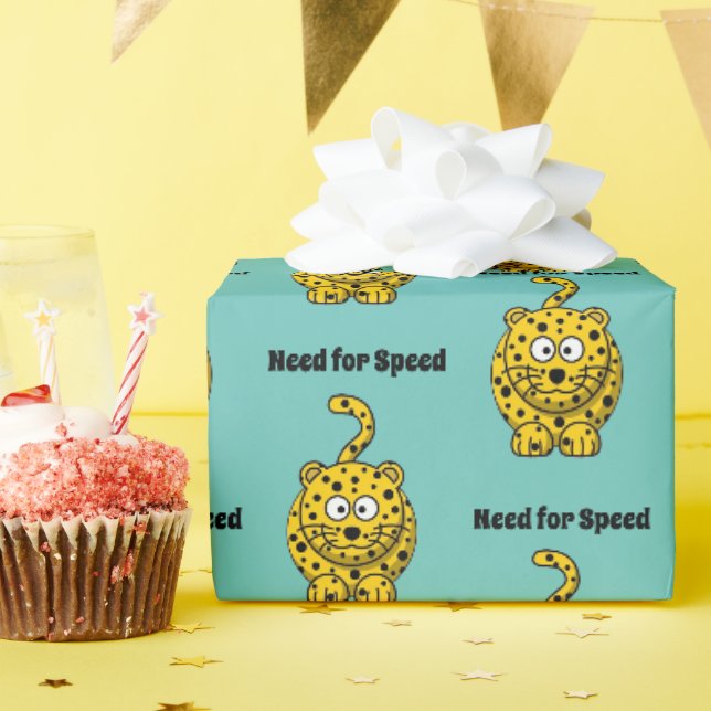 Need for Speed, Funny Cheetah Cartoon Cat Design Wrapping Paper (Birthday Party)