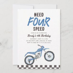 Need Four Speed Blue Dirt Bike 4th Birthday Invitation