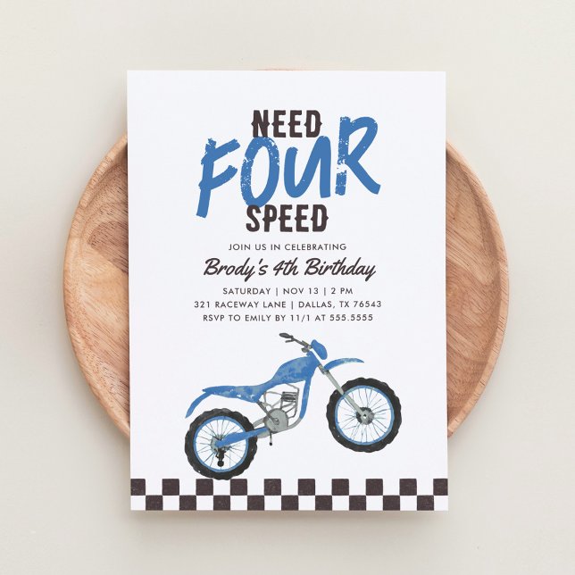 Need Four Speed Blue Dirt Bike Boy 4th Birthday Invitation (Creator Uploaded)