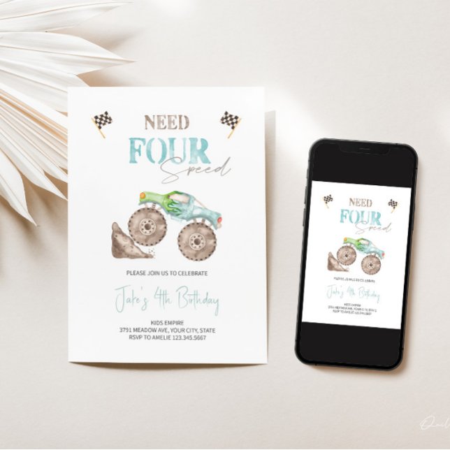 Need FOUR Speed Blue Monster Truck Invitation  (Creator Uploaded)