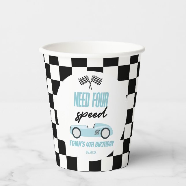 Need Four Speed Blue Race Car 4th Birthday Party Paper Cups (Front)