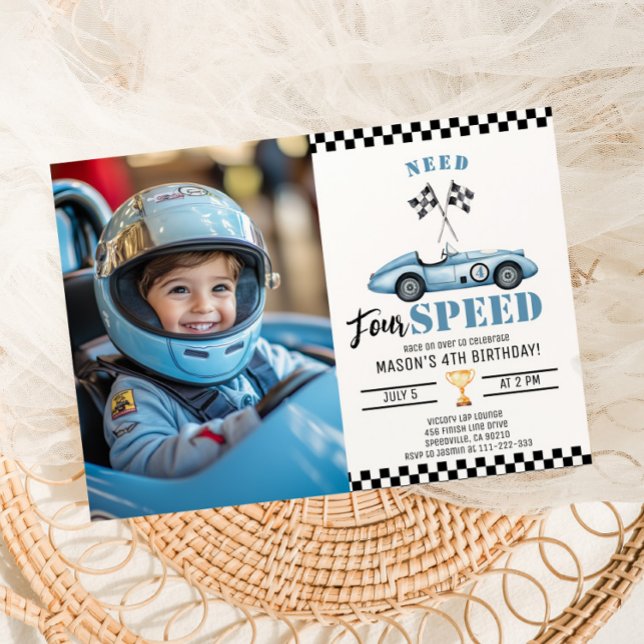 Need Four Speed Blue race car Photo 4th Birthday Invitation (Creator Uploaded)