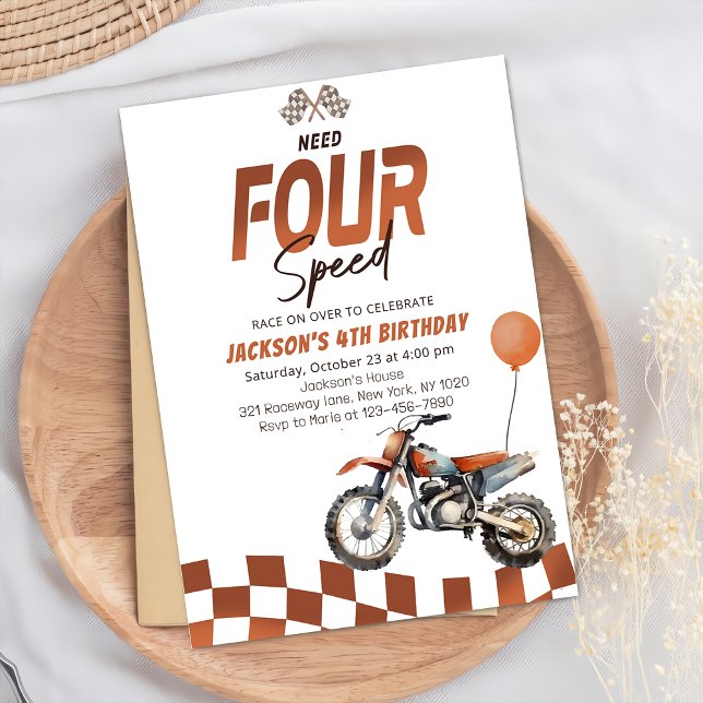 Need Four Speed Dirt Bike Boy 4th Birthday Invitation (Creator Uploaded)