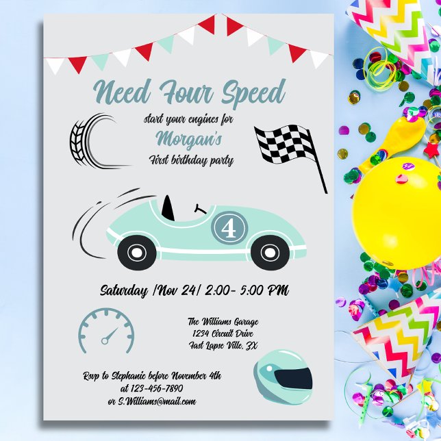 Need Four Speed Festive Blue Race Car Birthday Invitation (Creator Uploaded)