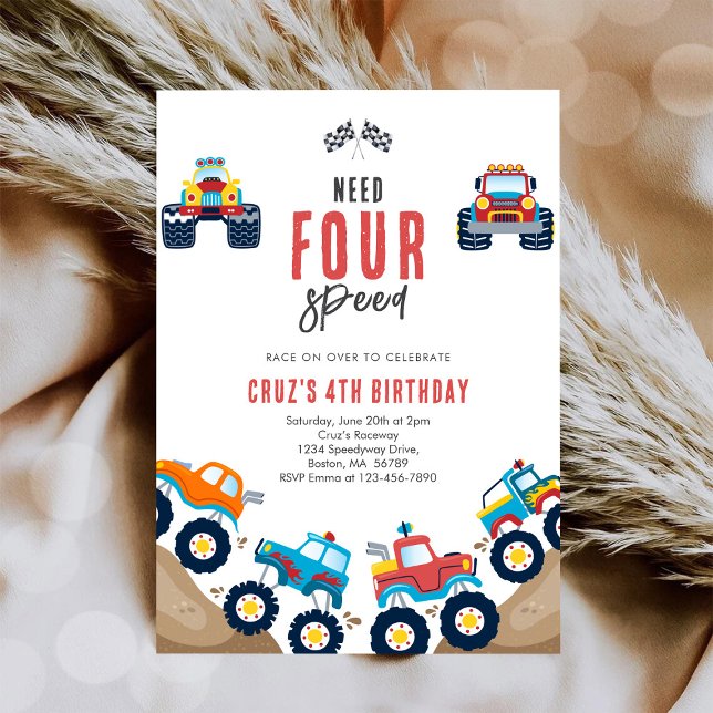 Need Four Speed Monster Truck Boy 4th Birthday Inv Invitation (Creator Uploaded)