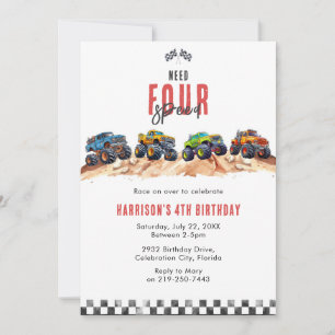 Need Four Speed Monster Truck Boy 4th Birthday Inv Invitation