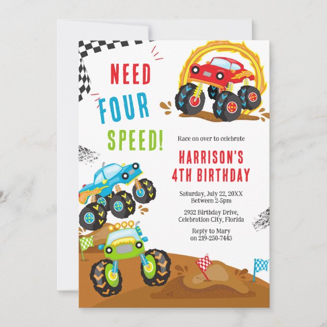 Need Four Speed Monster Truck Boy 4th Birthday Invitation (Front)