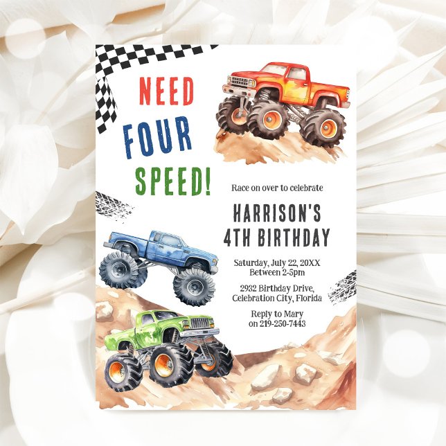 Need Four Speed Monster Truck Boy 4th Birthday Invitation (Creator Uploaded)