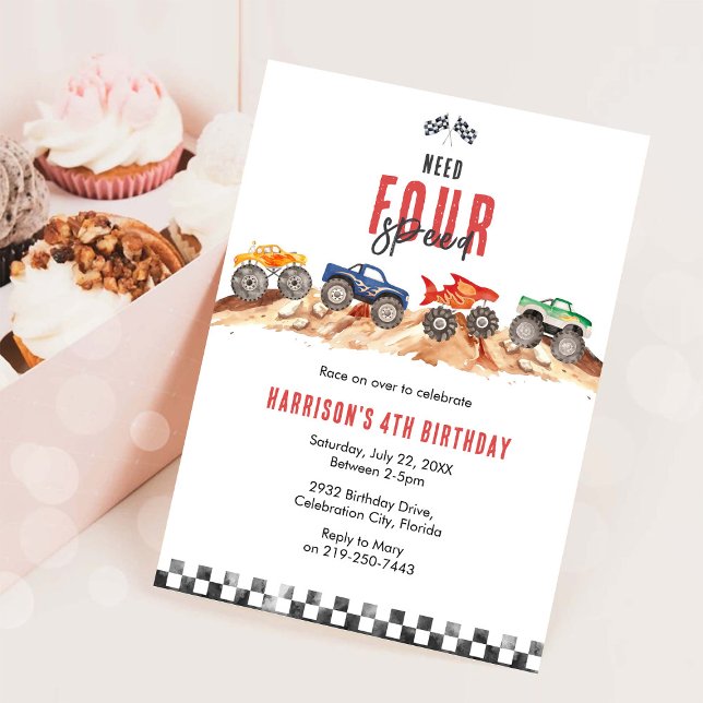 Need Four Speed Monster Truck Boy 4th Birthday Invitation (Creator Uploaded)