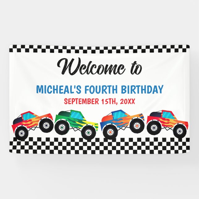 Need Four Speed Monster Truck Race 4th Birthday Banner (Horizontal)