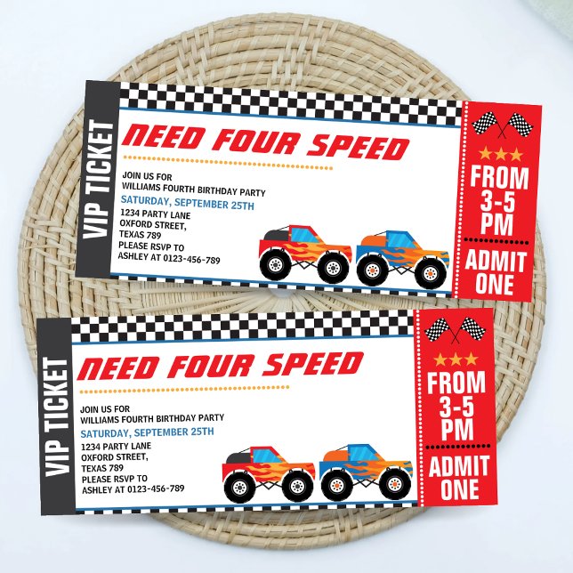 Need Four Speed Monster Truck Race Ticket Invitation (Creator Uploaded)