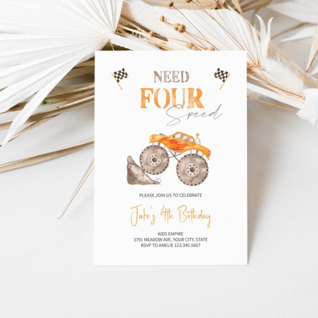 Need FOUR Speed Orange Monster Truck Invitation  (Creator Uploaded)