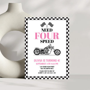 Need Four Speed Pink Heavy Bike Fourth Birthday Invitation